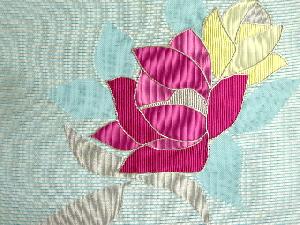 アンティーク　じゅらく製　絽　草花模様刺繍名古屋帯